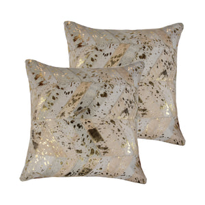 Homeroots Set Of Two 18" Natural & Gold Chevron Cowhide Throw Pillows With Glitter For Chic Home Décor   544587