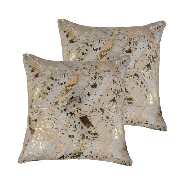 Homeroots Set Of Two 18" Natural & Gold Chevron Cowhide Throw Pillows With Glitter For Chic Home Décor   544587