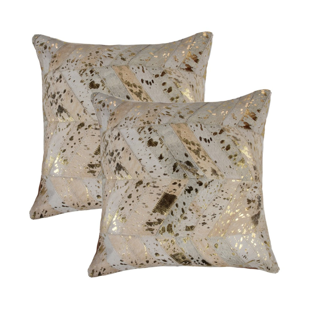HomeRoots Set of Two 18" Natural & Gold Chevron Cowhide Throw Pillows with Glitter for Rustic Glam Decor 544587