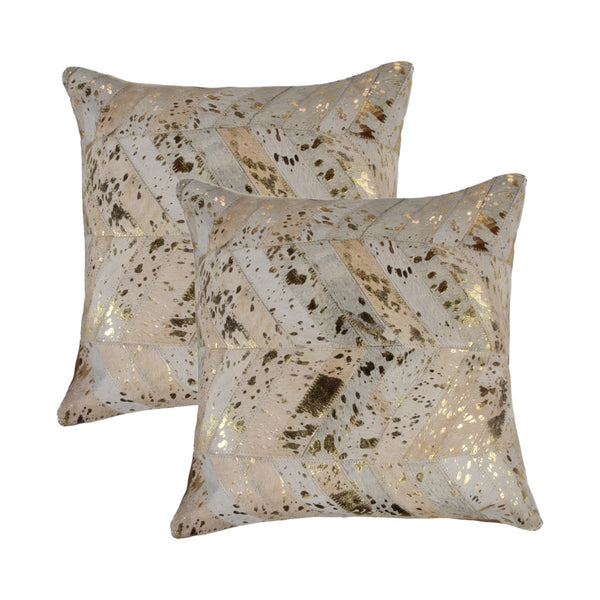 HomeRoots Set of Two 18" Natural & Gold Chevron Cowhide Throw Pillows with Glitter for Rustic Glam Decor 544587
