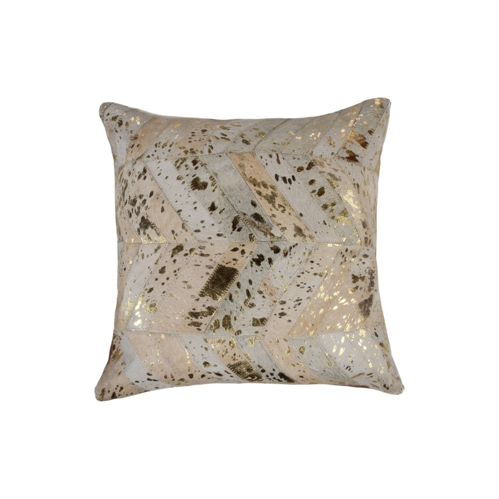 HomeRoots Set of Two 18" Natural & Gold Chevron Cowhide Throw Pillows with Glitter for Rustic Glam Decor 544587