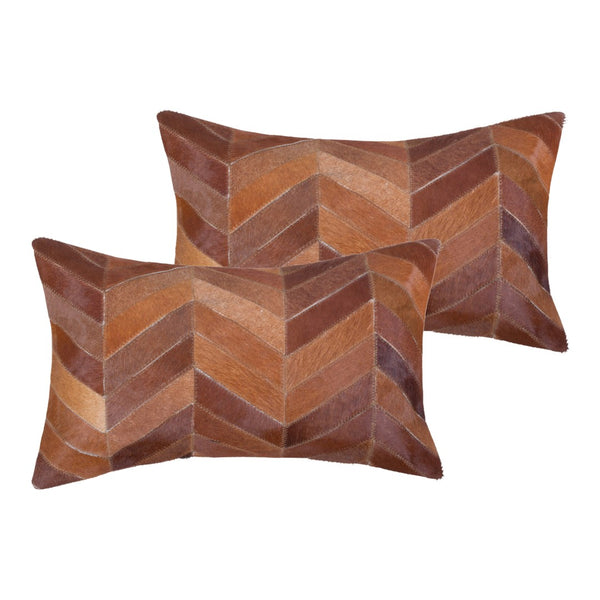 HomeRoots Set of Two Tan Chevron Cowhide Lumbar Pillows – Rustic Elegance for Home Decor & Gifting 544588