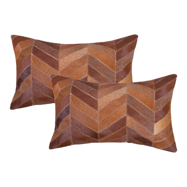 HomeRoots Set of Two Tan Chevron Cowhide Lumbar Pillows – Rustic Elegance for Home Decor & Gifting 544588
