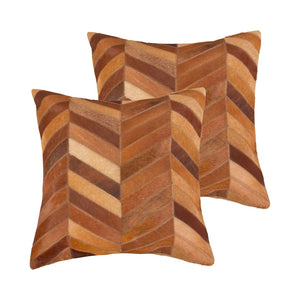 HomeRoots Set of Two Chic 18" Tan Chevron Cowhide Throw Pillows for Modern Home Décor & Cozy Comfort 544589