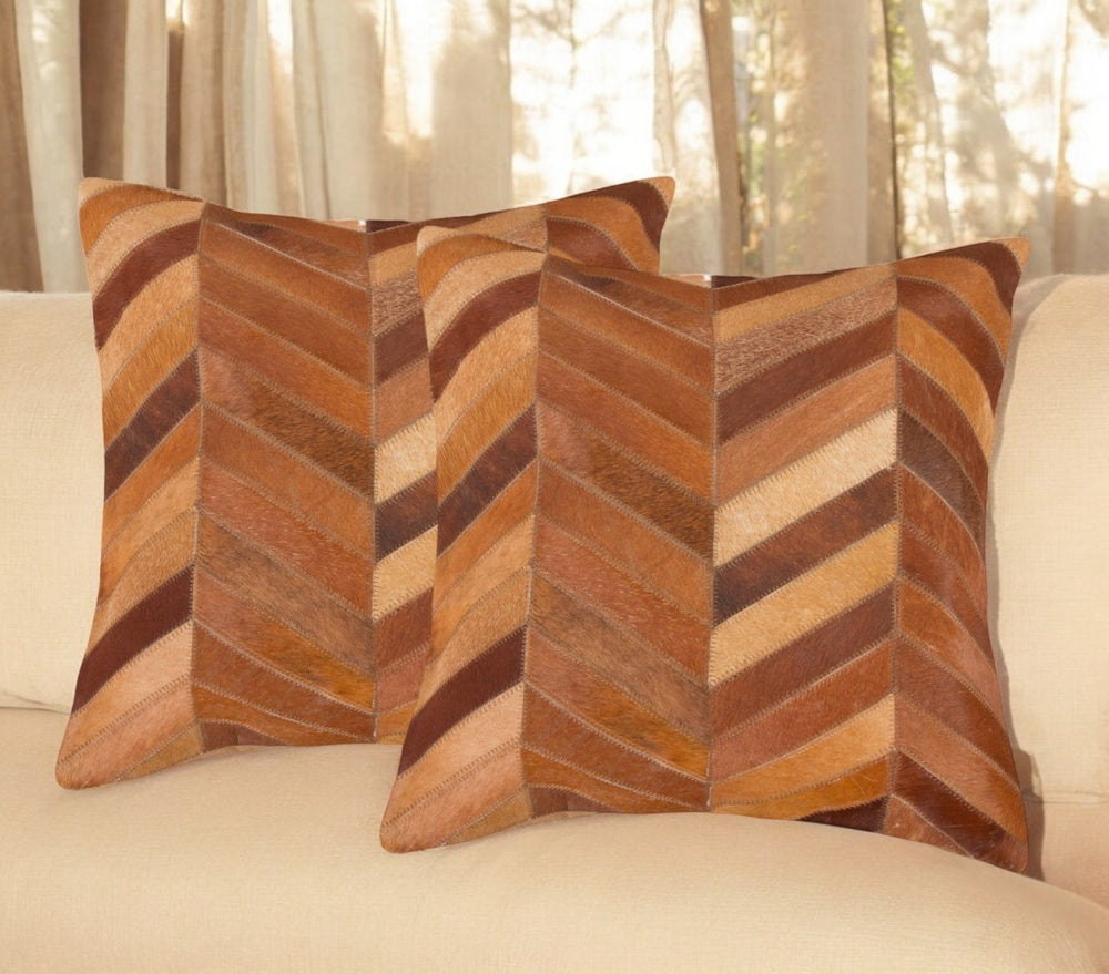 HomeRoots Set of Two Chic 18" Tan Chevron Cowhide Throw Pillows for Modern Home Décor & Cozy Comfort 544589