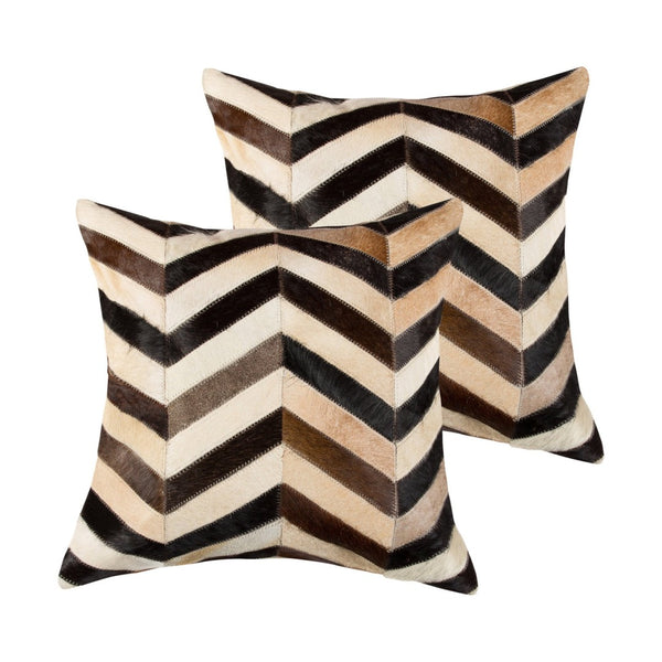 HomeRoots Set of Two 18" Chevron Cowhide Throw Pillows in Black, Brown & Beige for Luxe Home Décor Accent 544590