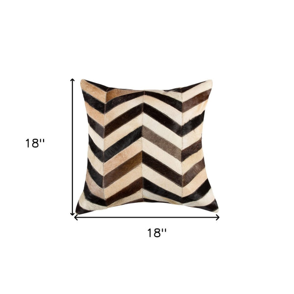 HomeRoots Set of Two 18" Chevron Cowhide Throw Pillows in Black, Brown & Beige for Luxe Home Décor Accent 544590