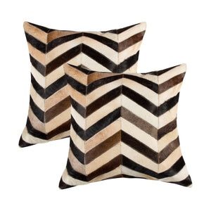 HomeRoots Set of Two 18" Chevron Cowhide Throw Pillows in Black, Brown & Beige for Luxe Home Décor Accent 544590