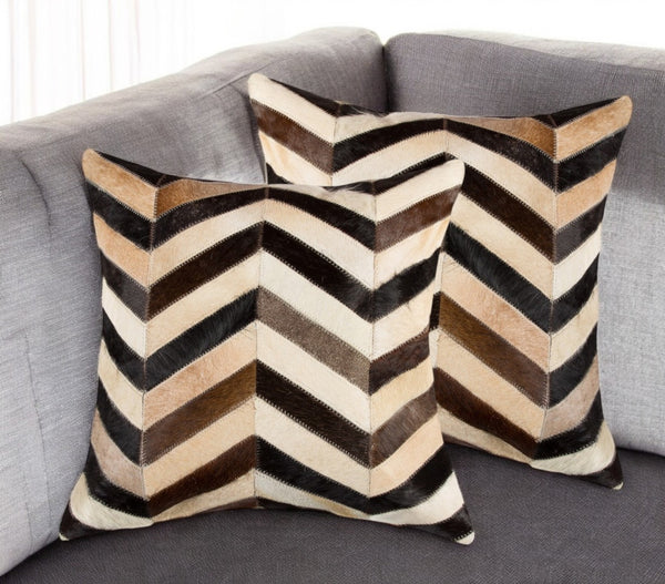 HomeRoots Set of Two 18" Chevron Cowhide Throw Pillows in Black, Brown & Beige for Luxe Home Décor Accent 544590