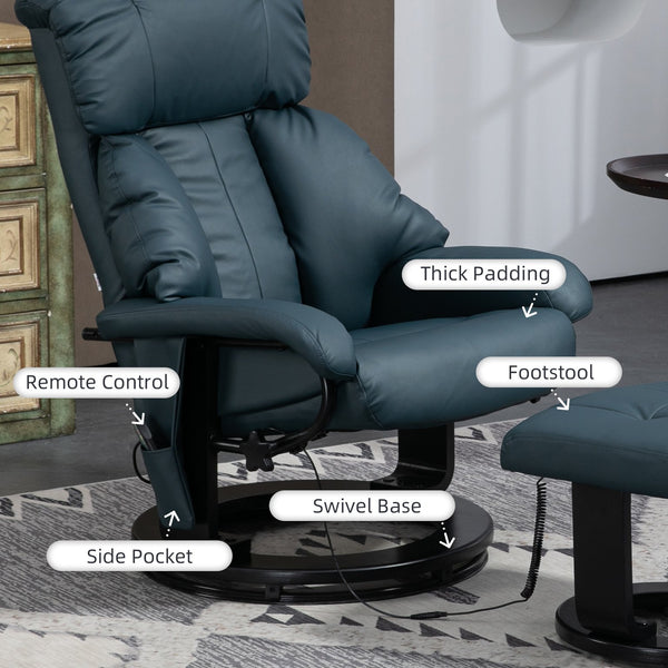 English Elm HOMCOM PU Leather Massage Recliner with Ottoman, 360° Swivel, Remote Control, Heat & Multi-Mode Comfort Blue W2225P173860