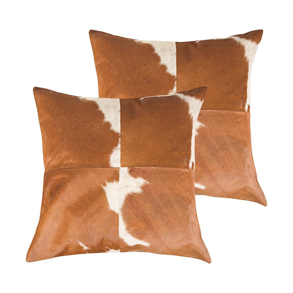 HomeRoots Set of Two 18" Brown and White Cowhide Throw Pillows - Rustic Luxury for Any Home Decor Style 544601