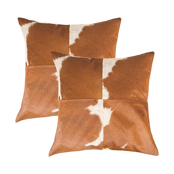HomeRoots Set of Two 18" Brown and White Cowhide Throw Pillows - Rustic Luxury for Any Home Decor Style 544601