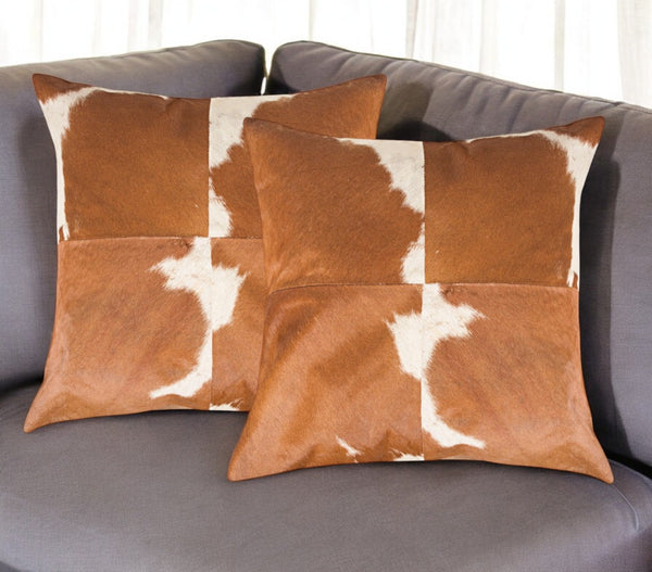 HomeRoots Set of Two 18" Brown and White Cowhide Throw Pillows - Rustic Luxury for Any Home Decor Style 544601