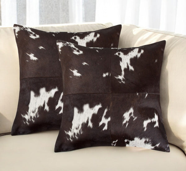 HomeRoots Set of Two 18" Chocolate & White Cowhide Throw Pillows for Rustic Luxury & Cozy Home Décor 544604