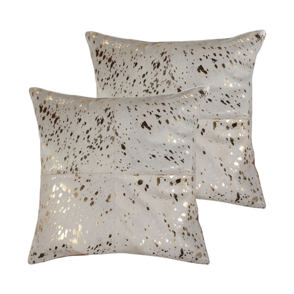 HomeRoots Set of Two 18" Natural & Gold Abstract Glitter Cowhide Throw Pillows for Luxe Home Decor Accents 544609