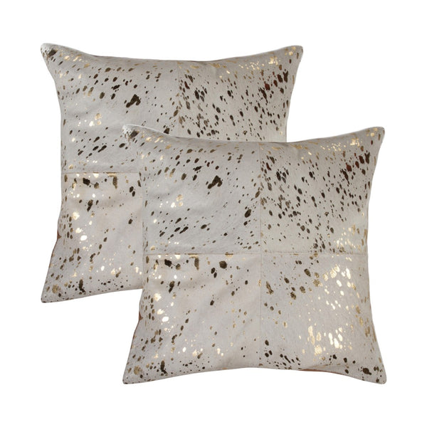 HomeRoots Set of Two 18" Natural & Gold Abstract Glitter Cowhide Throw Pillows for Luxe Home Decor Accents 544609