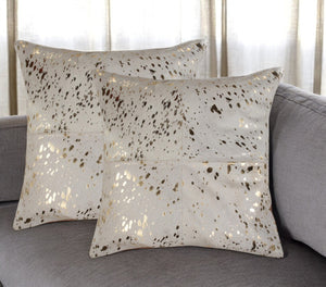 HomeRoots Set of Two 18" Natural & Gold Abstract Glitter Cowhide Throw Pillows for Luxe Home Decor Accents 544609