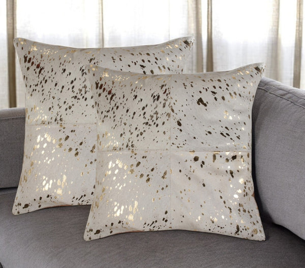 HomeRoots Set of Two 18" Natural & Gold Abstract Glitter Cowhide Throw Pillows for Luxe Home Decor Accents 544609