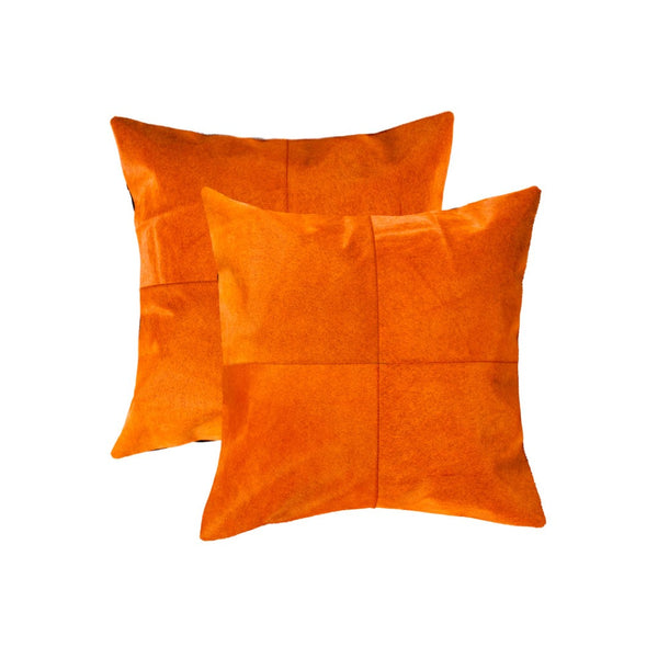 HomeRoots Set of Two 18" Orange Cowhide Throw Pillows - Handcrafted Luxury Accents for Chic Home Decor 544611