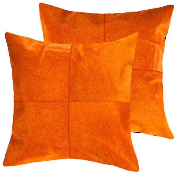 HomeRoots Set of Two 18" Orange Cowhide Throw Pillows - Handcrafted Luxury Accents for Chic Home Decor 544611