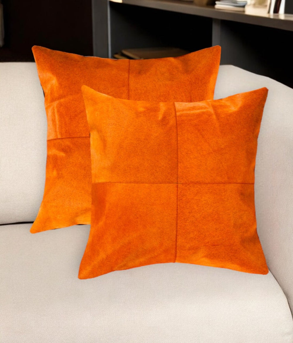 HomeRoots Set of Two 18" Orange Cowhide Throw Pillows - Handcrafted Luxury Accents for Chic Home Decor 544611