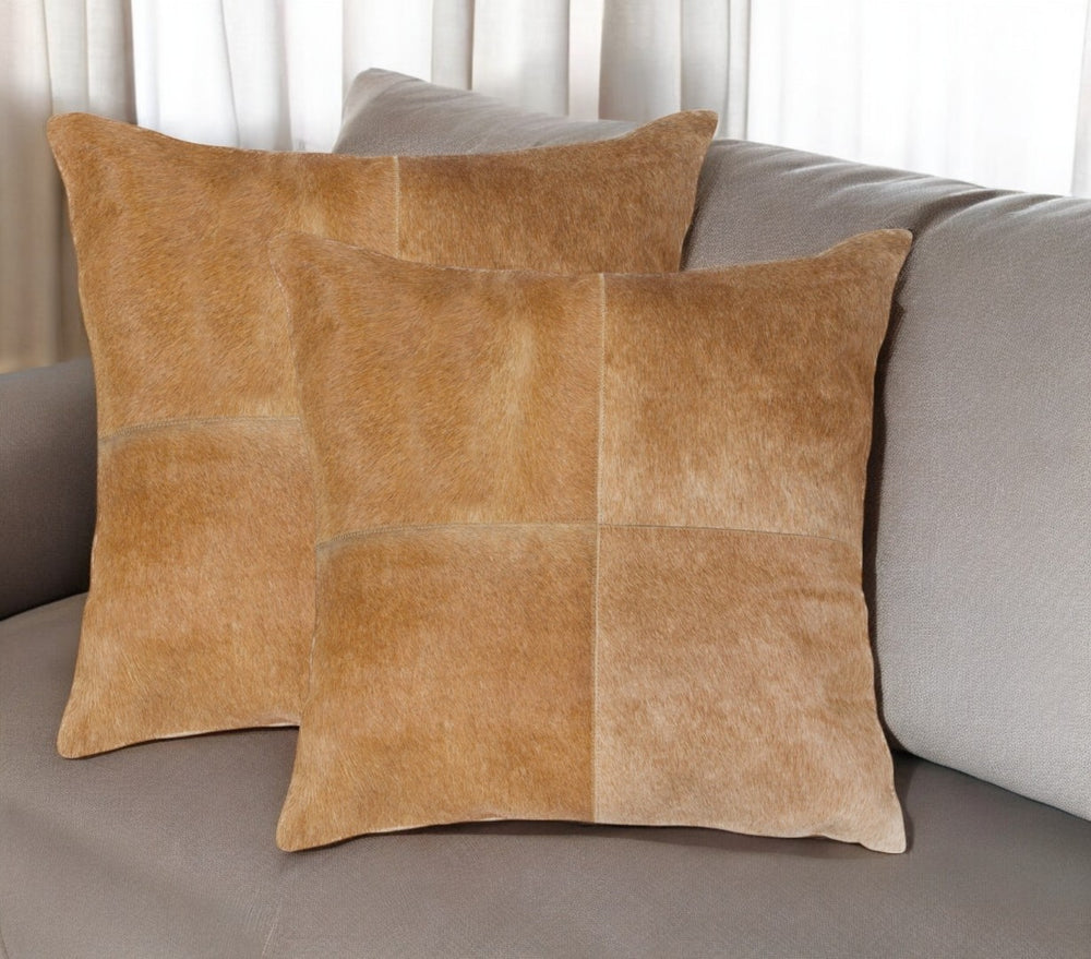 HomeRoots Set of Two 18" Tan Cowhide Throw Pillows - Luxurious Rustic Accents for Modern Living Spaces 544616