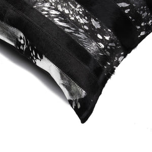 HomeRoots Set of Two 12" X 20" Cowhide Lumbar Pillows with Glitter - Black and Silver Stripes for Luxe Decor 544629