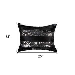 HomeRoots Set of Two 12" X 20" Cowhide Lumbar Pillows with Glitter - Black and Silver Stripes for Luxe Decor 544629