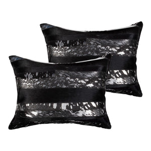HomeRoots Set of Two 12" X 20" Cowhide Lumbar Pillows with Glitter - Black and Silver Stripes for Luxe Decor 544629