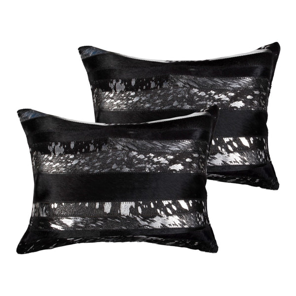 HomeRoots Set of Two 12" X 20" Cowhide Lumbar Pillows with Glitter - Black and Silver Stripes for Luxe Decor 544629