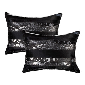 HomeRoots Set of Two 12" X 20" Cowhide Lumbar Pillows with Glitter - Black and Silver Stripes for Luxe Decor 544629