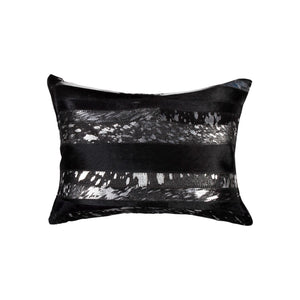 HomeRoots Set of Two 12" X 20" Cowhide Lumbar Pillows with Glitter - Black and Silver Stripes for Luxe Decor 544629