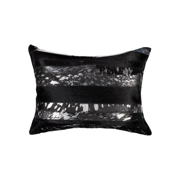 HomeRoots Set of Two 12" X 20" Cowhide Lumbar Pillows with Glitter - Black and Silver Stripes for Luxe Decor 544629