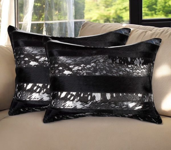 HomeRoots Set of Two 12" X 20" Cowhide Lumbar Pillows with Glitter - Black and Silver Stripes for Luxe Decor 544629
