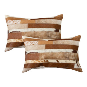 HomeRoots Set of Two 12" x 20" Brown & White Patchwork Cowhide Lumbar Pillows for Stylish Comfort & Support 544630