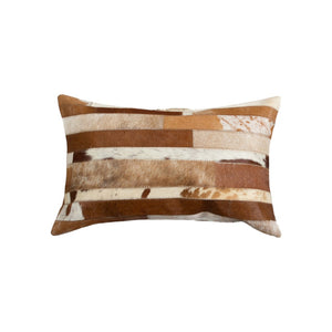 HomeRoots Set of Two 12" x 20" Brown & White Patchwork Cowhide Lumbar Pillows for Stylish Comfort & Support 544630