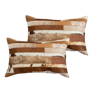 HomeRoots Set of Two 12" x 20" Brown & White Patchwork Cowhide Lumbar Pillows for Stylish Comfort & Support 544630