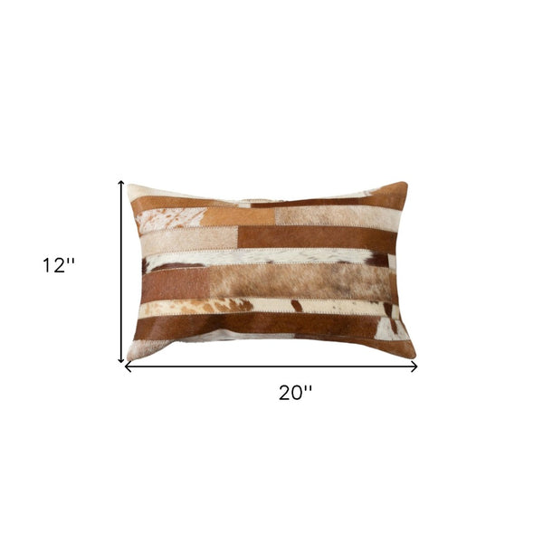 HomeRoots Set of Two 12" x 20" Brown & White Patchwork Cowhide Lumbar Pillows for Stylish Comfort & Support 544630