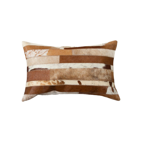 HomeRoots Set of Two 12" x 20" Brown & White Patchwork Cowhide Lumbar Pillows for Stylish Comfort & Support 544630