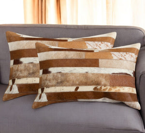 HomeRoots Set of Two 12" x 20" Brown & White Patchwork Cowhide Lumbar Pillows for Stylish Comfort & Support 544630