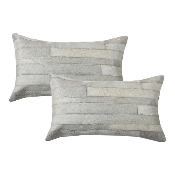 HomeRoots Set of Two 12" X 20" Gray Patchwork Cowhide Lumbar Pillows for Chic Rustic Home Décor & Comfort 544632