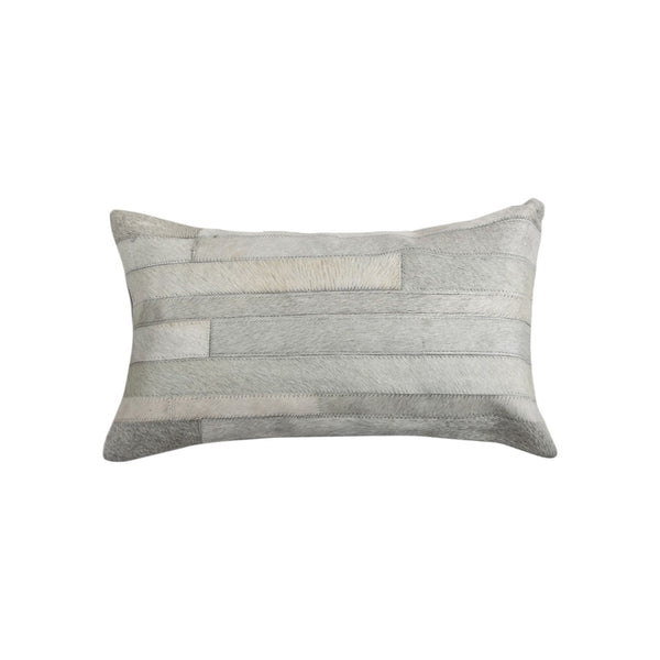 HomeRoots Set of Two 12" X 20" Gray Patchwork Cowhide Lumbar Pillows for Chic Rustic Home Décor & Comfort 544632