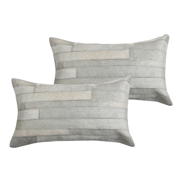 HomeRoots Set of Two 12" X 20" Gray Patchwork Cowhide Lumbar Pillows for Chic Rustic Home Décor & Comfort 544632