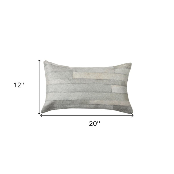 HomeRoots Set of Two 12" X 20" Gray Patchwork Cowhide Lumbar Pillows for Chic Rustic Home Décor & Comfort 544632