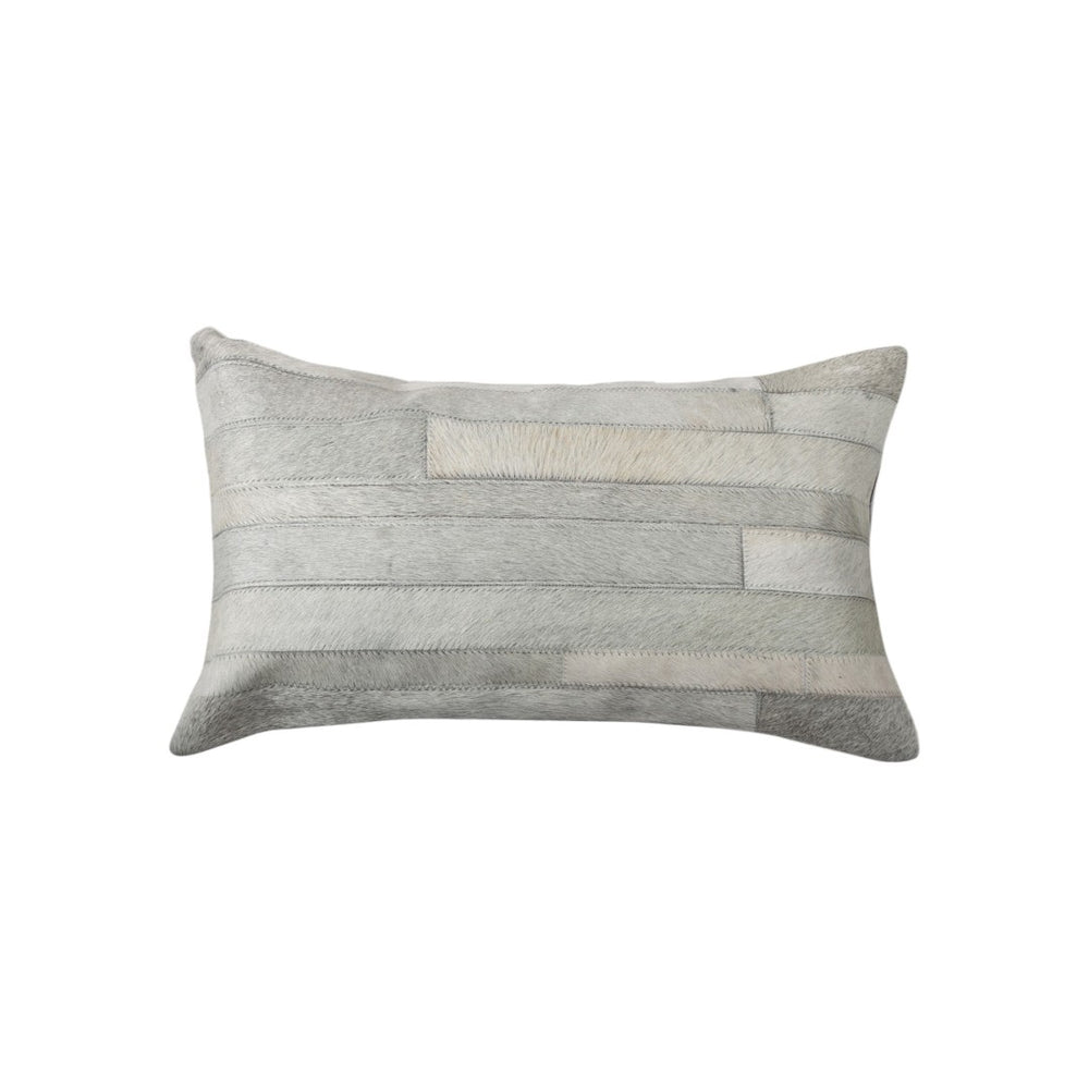 HomeRoots Set of Two 12" X 20" Gray Patchwork Cowhide Lumbar Pillows for Chic Rustic Home Décor & Comfort 544632