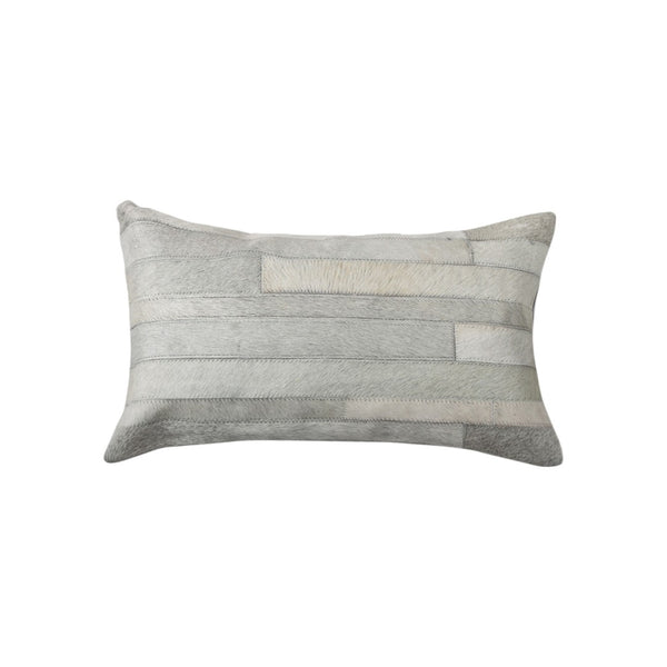 HomeRoots Set of Two 12" X 20" Gray Patchwork Cowhide Lumbar Pillows for Chic Rustic Home Décor & Comfort 544632