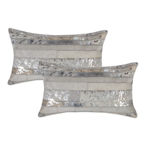 Homeroots Set Of Two Gray And Silver Striped Cowhide Lumbar Pillows With Glitter – Chic, Soft, And Stylish Decor   544633