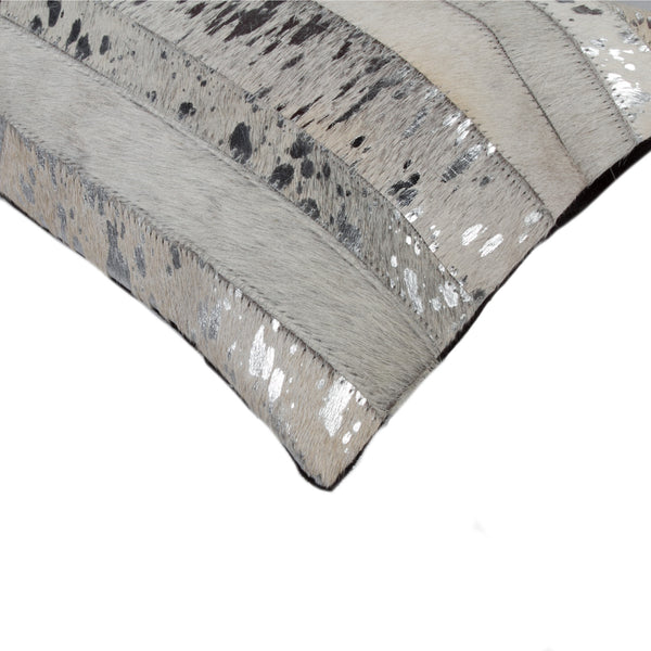 Homeroots Set Of Two Gray And Silver Striped Cowhide Lumbar Pillows With Glitter – Chic, Soft, And Stylish Decor   544633