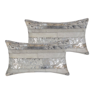 Homeroots Set Of Two Gray And Silver Striped Cowhide Lumbar Pillows With Glitter – Chic, Soft, And Stylish Decor   544633