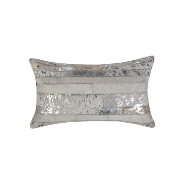 Homeroots Set Of Two Gray And Silver Striped Cowhide Lumbar Pillows With Glitter – Chic, Soft, And Stylish Decor   544633